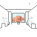 A pixel art window offers a serene view of a vast, sandy landscape under a soft blue sky. The scene evokes a sense of calm and contemplation, framed by a minimalist interior emerging from darkness.