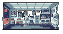 This pixel art scene depicts a quiet, retro-futuristic room with a view of a reddish-orange planet through a large window. The cool-toned interior is filled with intriguing details, suggesting a workspace or living area on a spacecraft or space station.