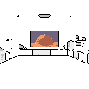This minimalist pixel art features a stylized desert or planet landscape at dusk, rendered in shades of brown and purple. The central graphic, suggesting solitude and retro futurism, is surrounded by scattered white pixels and placeholder text, evoking a work-in-progress feel.