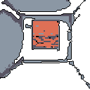This pixel art depicts an abstract view of a square opening, possibly a skylight or pit, revealing a reddish-orange interior. Framed by stark gray borders against a black background, the image evokes a sense of minimalist emptiness and quiet observation.