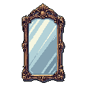 This pixel art showcases an ornate, rococo-style mirror with a shimmering reflection and intricate gold frame. The antique design evokes a sense of classic elegance and mystery.
