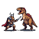 A pixelated Viking warrior, clad in armor and wielding a sword and shield, fiercely confronts a roaring, bipedal dinosaur in a clash of ancient eras. The high-stakes battle is set against a stark black background, emphasizing the raw power of this primal showdown.