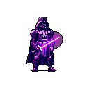 This pixel art depicts a menacing Darth Vader, rendered in shades of purple, poised with a vibrant pinkish-purple lightsaber, ready for action. The stylized, retro aesthetic and unconventional color palette create a unique and powerful image of the iconic villain.