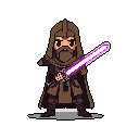 A stout, pixelated Jedi-like character stands ready with a glowing purple lightsaber. The hooded figure, rendered in earthy tones, exudes quiet strength against a stark black background.