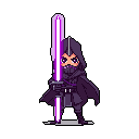 A determined, chibi-style warrior stands ready, gripping a tall, glowing purple lightsaber. The dark fantasy/sci-fi character's intense gaze and powerful weapon radiate a sense of quiet strength.