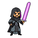 A stylized, chibi-style warrior stands ready, wielding a glowing purple lightsaber against a stark black backdrop. This formidable yet cute character, with a stern expression and dark attire, evokes a sense of action and fantasy.