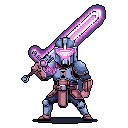 A pixel art warrior stands ready for battle, clad in metallic armor and wielding a glowing pink energy sword. The figure's dynamic pose and vibrant visor create a sense of powerful, futuristic action.