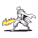 A masked swordsman, rendered in pixel art, strikes a dynamic pose, wielding a long sword engulfed in vibrant flames. The intense focus on the character, set against a stark black background, evokes a sense of power and readiness for battle.