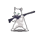 This pixel art image features a determined white cat, rendered in a cute, chibi style, standing upright and wielding a rifle. The stark contrast and piercing green eyes against the black background create a quirky yet intense vibe.