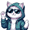 This pixel art features a cool and friendly white cat avatar sporting a teal hoodie and dark sunglasses. With a wave and a thumbs-up, the cat exudes a confident and approachable vibe.