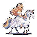 A pixelated young woman with flowing blonde hair and a flower crown gracefully rides a white unicorn, their ethereal forms brought to life with a soft, dreamlike color palette. The image evokes a sense of innocence, magic, and fairytale charm.