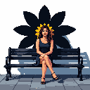A pixel art image shows a woman sitting peacefully on a park bench, crowned by a bright yellow floral halo against a stark white background. The dark flower silhouette behind her head and her relaxed pose create a calm, introspective scene.