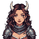 This pixel art portrait features a captivating fantasy woman with prominent horns and dark, flowing hair, adorned in a blend of armor and clothing. Her neutral expression and striking details, like the stylized tear mark and chest emblem, evoke a sense of quiet strength.