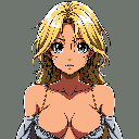 This pixel art portrait captures a stylized blonde woman with striking blue eyes against a simple backdrop. Her slightly melancholic expression and detailed features create a captivating blend of retro aesthetic and refined artistry.