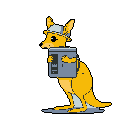 A pixelated, orange-yellow kangaroo-like creature with a grey bucket hat stands in profile, clutching a package. This cute and whimsical character, possibly from a game, has a focused expression and stands against a black background.