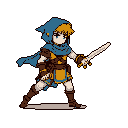 A blonde, hooded warrior stands ready for action, dual-wielding daggers in this striking pixel art depiction. Dressed in practical armor and a teal cloak, the character exudes a classic RPG aesthetic, poised for adventure.