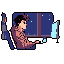 A pixel art image captures a solitary figure bathed in the glow of a computer screen against a starry night backdrop. The scene evokes a feeling of quiet focus and late-night immersion in the digital world.