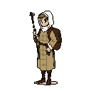 A pixel art traveler, clad in earthy tones and carrying a staff and backpack, stands ready for a journey with a quiet determination. The minimalist style and muted palette evoke a classic adventure game aesthetic.