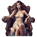 A pixel art portrait captures a regal woman seated on an ornate chair, her contemplative gaze and flowing dress conveying quiet elegance. The detailed rendering and muted color palette create a sophisticated and timeless atmosphere.