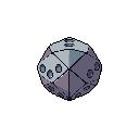 This pixel art showcases a mysterious, multi-faceted die-like object rendered in cool, desaturated tones. The geometric form and recessed dots create an intriguing sense of depth and an aura of quiet contemplation.