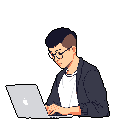 A pixel art image depicts a young man in a blazer and glasses intensely focused on his laptop, possibly coding or studying. The minimalist style and muted colors create a focused, modern vibe.