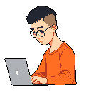 A pixel art image depicts a focused young man working on his laptop, hunched over with a concentrated expression, suggesting a studious and perhaps slightly tired vibe.