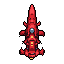 A vibrant red pixel art spaceship, bristling with fins and metallic accents, is poised for action with its bright blue cockpit leading the way. This top-down view of the vessel evokes a sense of sci-fi adventure.