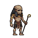 This pixel art depicts a somber mummy, staff in hand, rendered in earthy tones against a stark void. Bandages, ornate jewelry, and empty eye sockets detail this ancient, undead figure.
