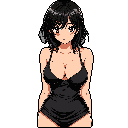 This pixel art portrait features a woman with dark hair and a simple black camisole, her wide eyes and slight head tilt conveying an open and engaging expression. The stark black background emphasizes her delicate features and muted color palette.