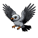This pixel art image captures a dynamic pigeon in flight, wings outstretched and beak open, rendered in detailed grey tones with striking orange accents. The bird's expressive eye and sharp pixel edges create an energetic and determined vibe.