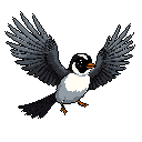 A pixelated bird bursts into flight against a black backdrop, wings outstretched in a dynamic pose. Pops of vibrant orange on its beak and legs add a striking contrast to the muted grayscale palette.