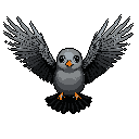 This pixel art features a charming, gray bird with bright orange beak and talons, its large, expressive eyes capturing a sense of wonder. The creature appears to hover mid-flight, its wings outstretched against a stark black backdrop.