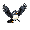 A charming pixel art bird, captured mid-flight with wide-eyed curiosity, takes center stage against a stark background. Its dynamic pose and vibrant orange beak add a touch of whimsy to the classic, nostalgic style.