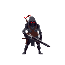 A hooded, armored warrior stands ready, their glowing red eyes hinting at a hidden intensity. The figure, armed with an ornate sword and a mysterious bolt, exudes a somber and ominous presence.