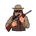 A bearded, sunglasses-clad character with a rugged look holds a scoped rifle across his body in this pixel art portrait. The earthy color palette and focused composition create a serious and potentially dangerous vibe.