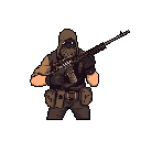 A pixelated, hooded figure stands ready with a large firearm, clad in tactical gear and masked for anonymity. The earth-toned color palette and static pose create a sense of tension and preparedness.