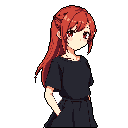 A pixel art portrait features a young woman with reddish-brown hair and striking red eyes, posed casually against a black void. Her neutral expression and relaxed stance create a calm and introspective mood.