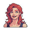 This pixel art portrait captures a joyful young woman with reddish-brown hair and sparkling blue eyes, her wide smile radiating warmth and happiness. The simple yet expressive style evokes a sense of nostalgia.