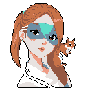 This pixel art portrait captures a serene moment with a young woman and her squirrel companion. The woman, masked and adorned with pigtails, shares a quiet gaze with the viewer as the tiny squirrel perches on her shoulder.
