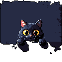A curious black cat with bright yellow eyes peers from a dark ledge in this pixel art image. The scene evokes a cute and slightly mysterious mood, as if the cat is playfully observing from the shadows.
