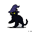 A pixelated black cat wearing a witch's hat sits alertly, its yellow eyes piercing the darkness. The simple, charming design creates a slightly whimsical feel.