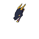 This pixel art image features a fierce dragon head roaring with sharp teeth and vibrant yellow horns. The stylized design evokes a nostalgic, retro gaming feel.
