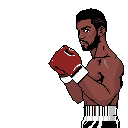 This pixel art image captures a boxer in a defensive stance, his focused expression conveying intense determination. The limited color palette and stark black background emphasize the athlete's readiness for the fight. It evokes a feeling of anticipation and potential energy.