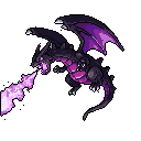 A fierce, dark pixel art dragon unleashes a stream of vibrant purple fire. With wings spread wide and a roaring maw, this menacing creature dominates the frame in a powerful display of strength.