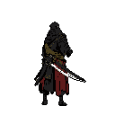 A cloaked, enigmatic warrior with a blood-red edged blade stands poised for action, its face obscured by a hood. The figure's dark attire and drawn weapon evoke a sense of mystery and foreboding.