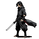 A lone, mysterious warrior in dark attire, possibly a ninja or samurai, stands poised with a gleaming katana in the stark blackness. His hunched posture and obscured gaze hint at a dangerous edge and quiet strength.