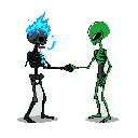 A blue-flaming skeleton and a green alien skeleton humorously shake hands in this pixel art, suggesting an unlikely alliance. The limited color palette and centered composition emphasize the fantastical nature of the agreement.