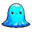 A charming pixel art blob comes to life in bright cyan! This cute, translucent creature with a frilled base sports a sweet smile, radiating simple innocence against a dark backdrop.