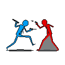 A tense pixel art duel unfolds between a cyan blue and a red stick figure, each wielding grey weapons in a dynamic clash. The minimalist style and stark black background amplify the action and retro vibe.