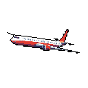 This pixel art image showcases a commercial airplane in flight, depicted with red and white stripes against a simple background. The plane's angled pose and subtle motion blur effects convey a sense of dynamic movement.